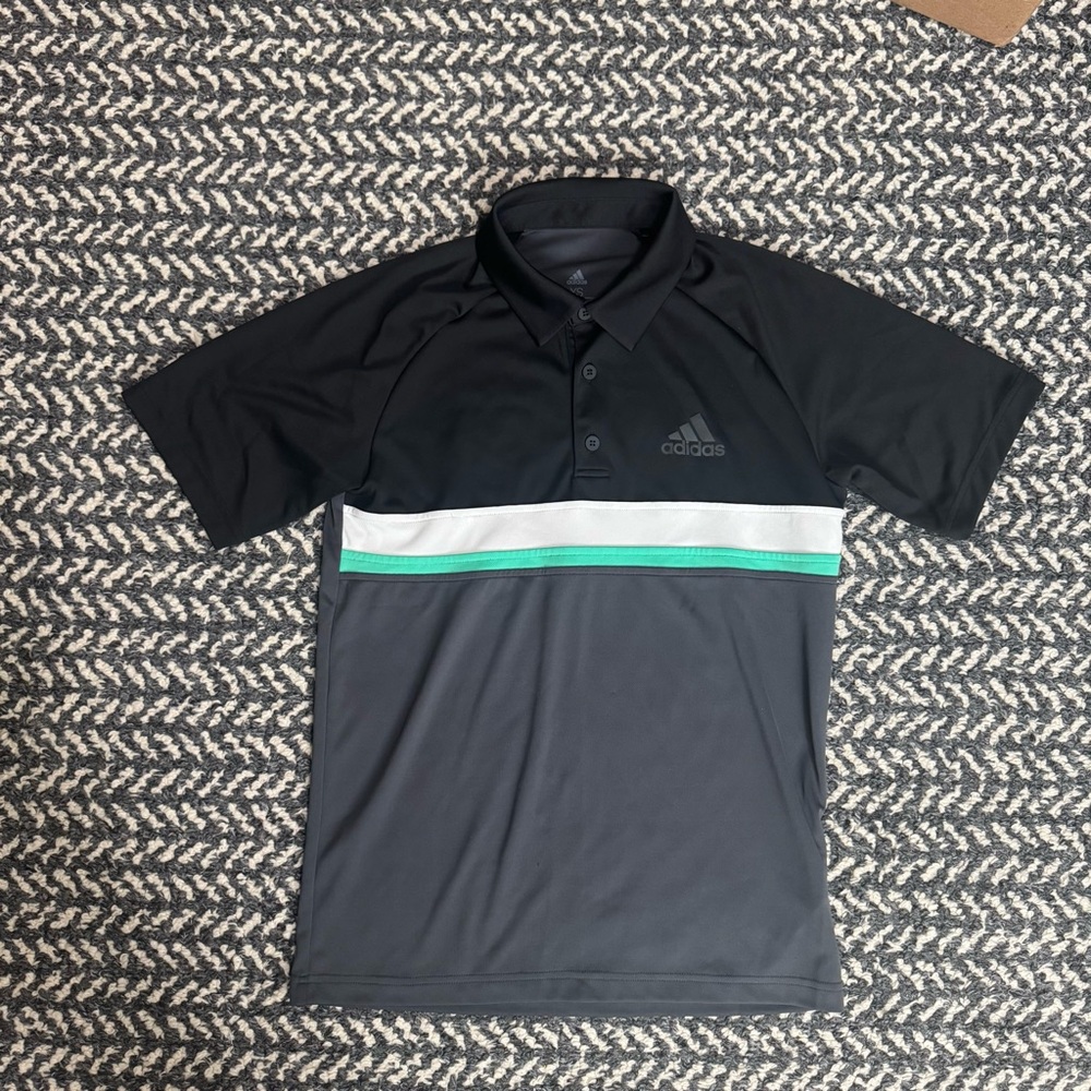 Adidas Men's Black, Gray, and Green Polo Shirt